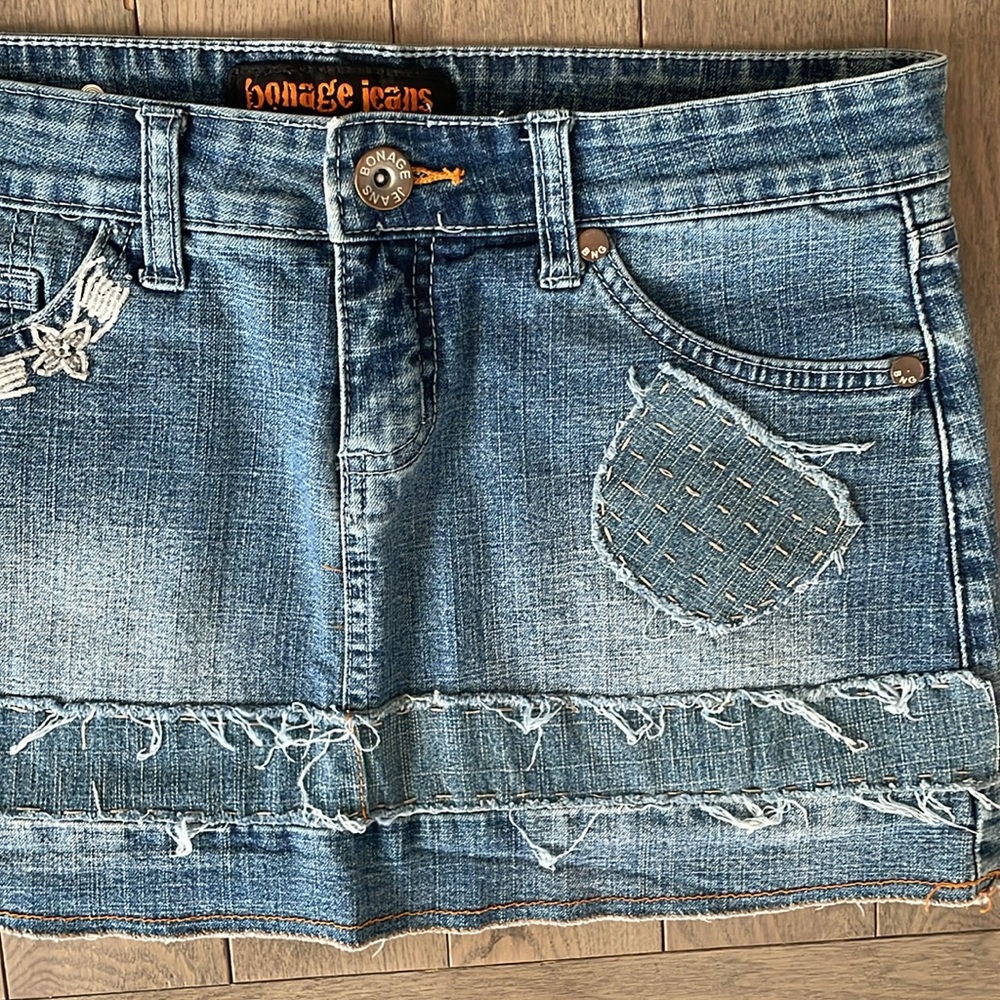 Bonage Jeans Distressed Sequin Denim Mini Skirt Patchwork Low Rise Stretchy 9/10 - Picture 11 of 16